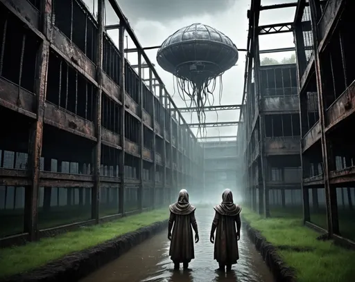 Prompt: Enslaved Humans, many humans in cages, humans slaves,  wearing only long filthy shirts, locked in huge cages, many cages, a field full of huge cages with humans in them,  alien planet, cages standing in water, rain, eerie atmosphere, scares rotting grass, foggy, science fiction, steam punk,  colossal buildings, flying alien ships, 