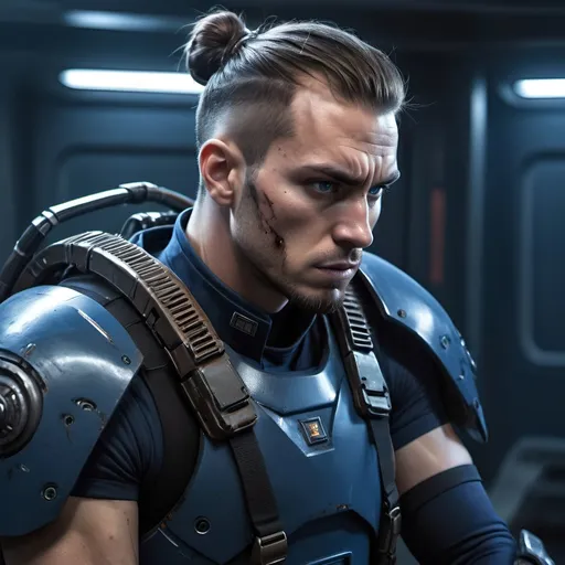 Prompt: Science fiction-style image of a hurt man with knofe in his shoulder. He is huge, buffed, brown hair in man bun, wide jaw with stubble, unnaturally big dark-blue eyes, adorned in a sleek navy-blue combat uniform, futuristic science fiction soldier, detailed weaponry. He is in pain, a knife in his shoulder. He is wearing a high-tech armor, atmospheric lighting, high quality, fantasy, sci-fi, detailed hair, futuristic, combat uniform, determined expression, professional, atmospheric lighting A filthy woman is kneeling behing him, trying to stop bleeding
Model: OpenArt SDXL