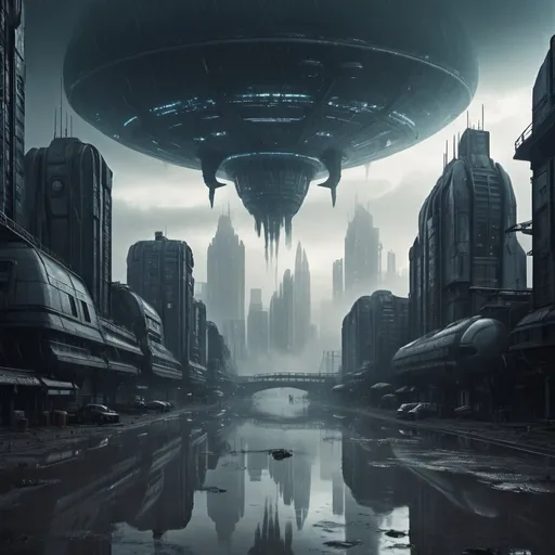 Prompt: Gloomy futuristic alien city, alien planet, rain, eerie atmosphere, no vegetation, unsettling reflections, foggy, science fiction, steam punk,  colossal buildings, flying alien ships, 
