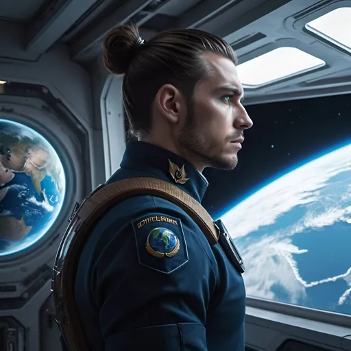 Prompt: Science fiction-style image of a planet Earth, being watched by a white-skinned man, standing backward to the photo. He is huge, buffed, brown hair in man bun, wide jaw with stubble, unnaturally big dark-blue eyes, adorned in a sleek navy-blue combat uniform, futuristic science fiction soldier, detailed weaponry. He is tanding onboard of a huge flying hi-tech ship in dark cosmos, space,  in front of a huge  ship window, looking down through the window  at  planet Earth. He watches other ships invading Earth. He is wearing a high-tech armor, atmospheric lighting, high quality, fantasy, sci-fi, detailed hair, futuristic, combat uniform, determined expression, professional, atmospheric lighting
Model: OpenArt SDXL