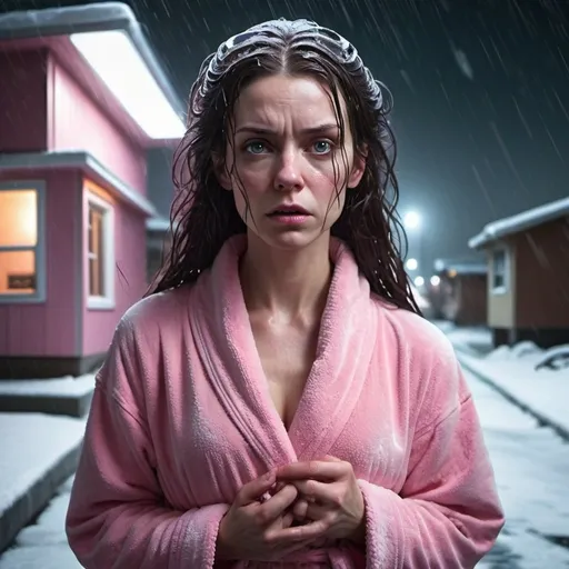 Prompt: Science fiction-style image of a white-skinned woman, long dark brown down wet hair, in a pink bathrobe, on her knees, outdoors, on the street, suburbs, middle if the night, harsh winter, snow everywhere. atmospheric lighting, high quality, sci-fi, detailed hair, futuristic, scared expression, professional, atmospheric lights. In the back a giant alien flying ship, scary, sci fi