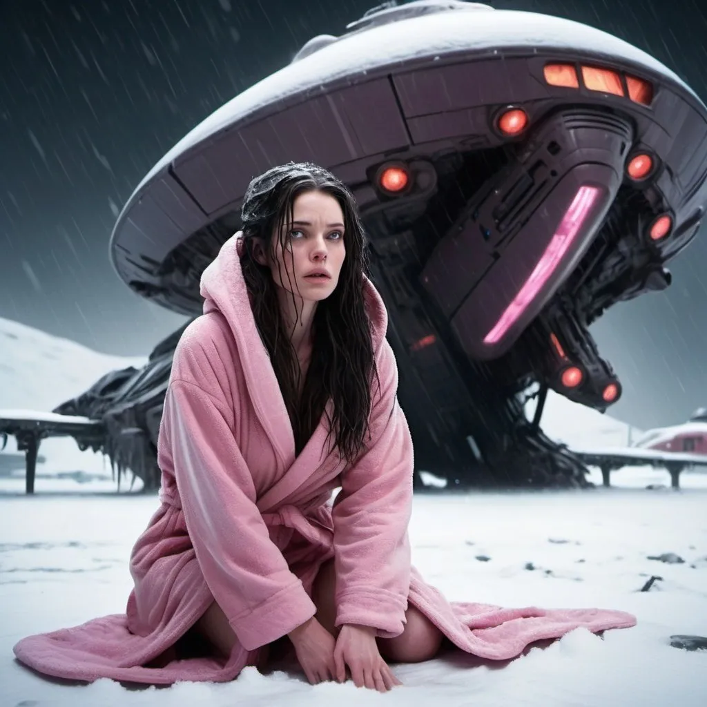 Prompt: Science fiction-style image of a white-skinned woman, long dark brown down wet hair, in a pink bathrobe, on her knees, in snow, outdoors, on the street, dark night, harsh winter, snow everywhere.  high quality, sci-fi, detailed hair, futuristic, scared expression. Looking at a giant alien flying ship, derailed, scary, sci fi, scary ambient
