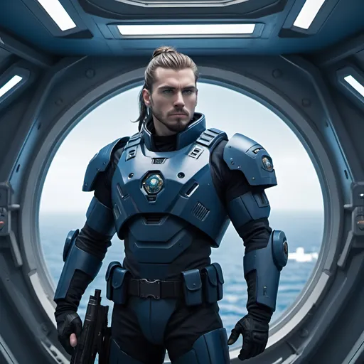 Prompt: Science fiction-style image of a white-skinned man, huge, buffed, brown hair in man bun, wide jaw with stubble, unnaturally big dark-blue eyes, adorned in a sleek navy-blue combat uniform, futuristic science fiction soldier, detailed weaponry, onboard of a huge flying hi-tech ship in cosmos, standing in front of a huge   ship window, looking down through the window  at an invasion on planet Earth, wearing a high-tech armor, atmospheric lighting, high quality, fantasy, sci-fi, detailed hair, futuristic, combat uniform, determined expression, professional, atmospheric lighting
Model: OpenArt SDXL