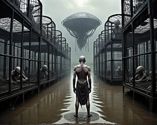 Prompt: Enslaved Humans, many humans in cages, humans slaves,  wearing only long filthy shirts, locked in huge cages, many cages, a field full of huge cages with humans in them,  alien planet, cages standing in water, rain, eerie atmosphere, scares rotting grass, foggy, science fiction, steam punk,  colossal buildings, flying alien ships, 