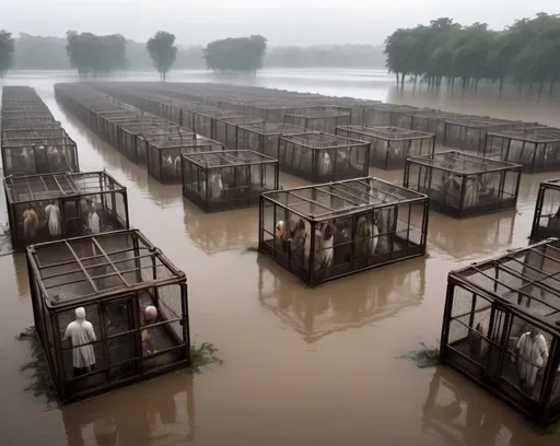 Prompt: Enslaved Humans, many humans in cages, humans slaves crying,  wearing only long filthy shirts, locked in huge cages, many cages standing on partialy flooded ground, a field full of huge cages with humans in them, cages standing in water, rain, eerie atmosphere, foggy, science fiction, steam punk