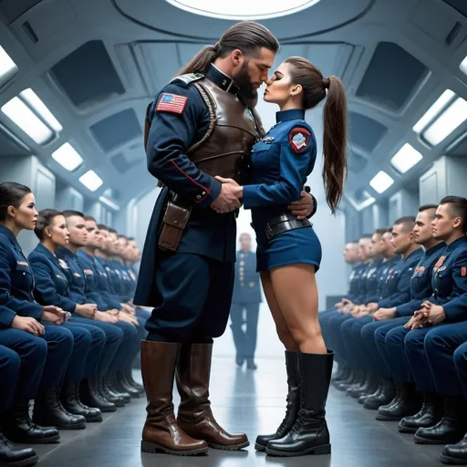 Prompt: Short woman, wearing a black combat uniform, long dark-brown hair, military long boots, kissing a tall, buffed, huge man, brown hair in man bun, navy-blue combat uniform, long military boots, science fiction, cyber punk, futuristic