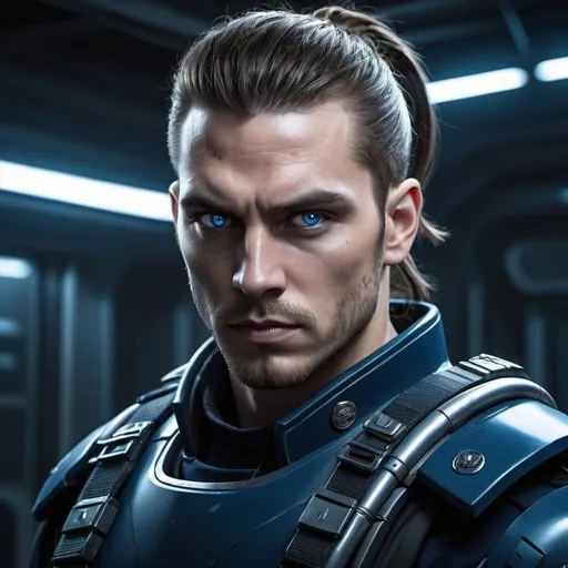 Prompt: Science fiction-style image of a white-skinned man, huge, buffed, brown hair in man bun, wide jaw with stubble, unnaturally big dark-blue eyes, adorned in a sleek navy-blue combat uniform, holding a  whip, futuristic science fiction soldier, detailed weaponry, intense and determined gaze, high-tech armor, atmospheric lighting, high quality, fantasy, sci-fi, detailed hair, futuristic, combat uniform, determined expression, professional, atmospheric lighting