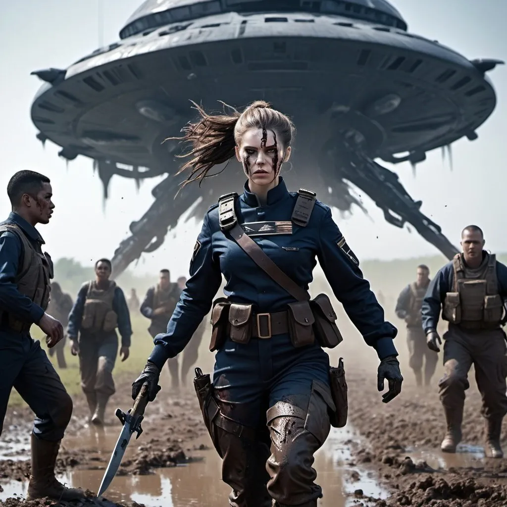 Prompt: Science fiction-style image of a white-skinned woman, long dark detailed brown down hair, in a detailed black combat uniform, splattered with mud and blood, military long detailed boots, having a hand-to-hand knife fight with a much taller buffed, huge man, brown detailed hair in man-bun, navy-blue detailed combat uniform, outdoors, on a field, night, mud everywhere. high quality, sci-fi, detailed hair, futuristic uniforms, fierce face expression. Silhouettes of people running in panic in the background and a giant alien flying ship, scary, sci fi, scary ambient