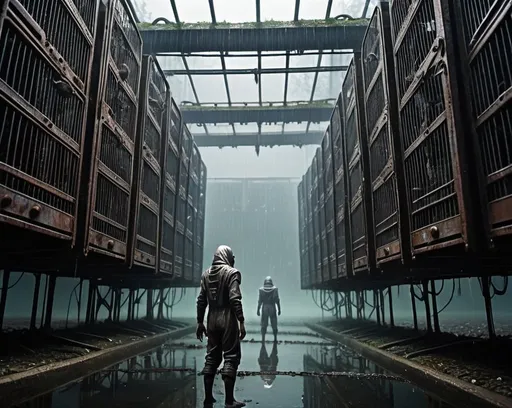 Prompt: Human slaves wearing only long filthy shirts, locked down in huge cages, many cages, alien planet, cages standing in water, rain, eerie atmosphere, scares rotting grass, unsettling reflections, foggy, science fiction, steam punk,  colossal buildings, flying alien ships, 