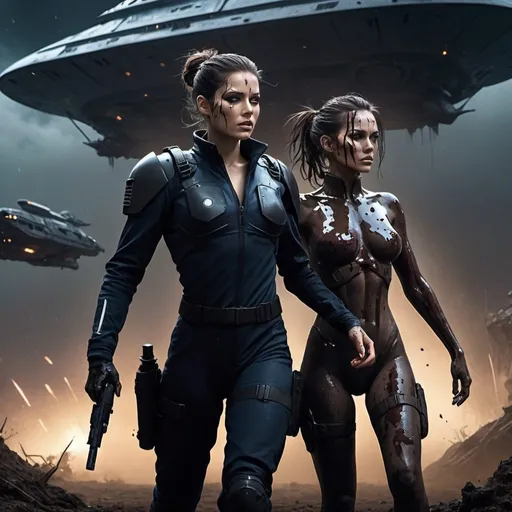 Prompt: Science fiction-style image of one white-skinned WOMAN, long dark detailed brown down hair, in a black one-piece futuristic army uniform, with chest armour, long sleeves and legs, splattered with mud and blood, in combat with one much taller buffed, huge white-skinned MAN, brown detailed hair in man-bun, navy-blue one-piece futuristic uniform, outdoors, on a field, dark night, mud everywhere. high quality, sci-fi, detailed hair,  fierce face expression. Silhouettes of civilians in long shirts running in panic in the background and a giant alien flying ship, scary, sci fi, scary ambient