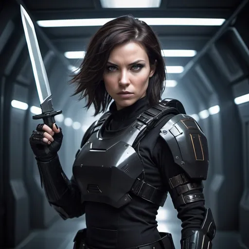 Prompt: Science fiction-style image of a white-skinned woman, dark brown hair, wielding knives, adorned in a sleek black combat uniform, futuristic science fiction soldier, detailed weaponry, intense and determined gaze, high-tech armor, atmospheric lighting, high quality, fantasy, sci-fi, detailed hair, futuristic, combat uniform, determined expression, professional, atmospheric lighting