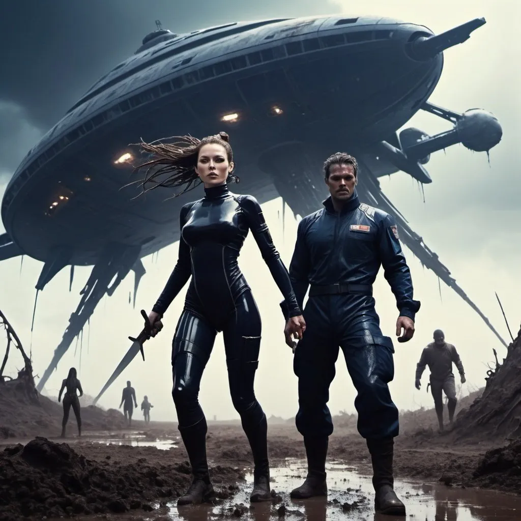 Prompt: Science fiction-style image of one white-skinned WOMAN, long dark detailed brown down hair, in a black one-piece futuristic uniform, long sleeves and legs, splattered with mud and blood, having a knife fight with one much taller buffed, huge MAN, brown detailed hair in man-bun, navy-blue one-piece futuristic uniform, outdoors, on a field, dark night, mud everywhere. high quality, sci-fi, detailed hair,  fierce face expression. Silhouettes of civilians in long shirts running in panic in the background and a giant alien flying ship, scary, sci fi, scary ambient