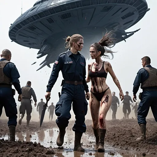 Prompt: Science fiction-style image of one white-skinned female, long dark detailed brown down hair, in a detailed black one-piece uniform, splattered with mud and blood, military long detailed boots, having a knife fight with one much taller buffed, huge male, brown detailed hair in man-bun, navy-blue detailed one-piece uniform, outdoors, on a field, dark night, mud everywhere. high quality, sci-fi, detailed hair, futuristic uniforms, fierce face expression. Silhouettes of people running in panic in the background and a giant alien flying ship, scary, sci fi, scary ambient