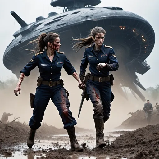 Prompt: Science fiction-style image of a white-skinned woman, long dark detailed brown down hair, in a detailed black combat uniform, splattered with mud and blood, military long detailed boots, having a hand-to-hand knife fight with a much taller buffed, huge man, brown detailed hair in man-bun, navy-blue detailed combat uniform, outdoors, on a field, night, mud everywhere. high quality, sci-fi, detailed hair, futuristic uniforms, fierce face expression. Silhouettes of people running in panic in the background and a giant alien flying ship, scary, sci fi, scary ambient