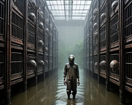 Prompt: Human slaves wearing only long filthy shirts, locked down in huge cages, many cages, alien planet, cages standing in water, rain, eerie atmosphere, scares rotting grass, unsettling reflections, foggy, science fiction, steam punk,  colossal buildings, flying alien ships, 