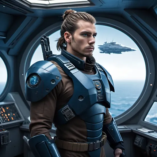 Prompt: Science fiction-style image of a white-skinned man, huge, buffed, brown hair in man bun, wide jaw with stubble, unnaturally big dark-blue eyes, adorned in a sleek navy-blue combat uniform, futuristic science fiction soldier, detailed weaponry, onboard of a huge flying hi-tech ship in cosmos, standing in front of a huge   ship window, looking through the window  at an invasion of other ships on planet Earth, wearing a high-tech armor, atmospheric lighting, high quality, fantasy, sci-fi, detailed hair, futuristic, combat uniform, determined expression, professional, atmospheric lighting
Model: OpenArt SDXL