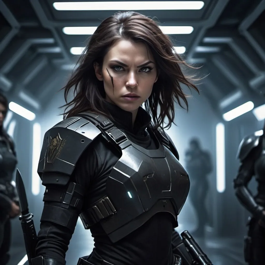 Prompt: Science fiction-style image of a white-skinned woman, long dark brown hair, wielding knives, adorned in a sleek black combat uniform, futuristic science fiction soldier, detailed weaponry, intense and determined gaze, high-tech armor, atmospheric lighting, high quality, fantasy, sci-fi, detailed hair, futuristic, combat uniform, determined expression, professional, atmospheric lighting