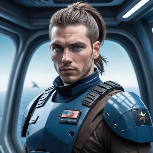 Prompt: Science fiction-style image of a white-skinned man, huge, buffed, brown hair in man bun, wide jaw with stubble, unnaturally big dark-blue eyes, adorned in a sleek navy-blue combat uniform, futuristic science fiction soldier, detailed weaponry, onboard of a huge flying hi-tech ship in cosmos, standing in front of a huge   ship window, looking at Earth, wearing a high-tech armor, atmospheric lighting, high quality, fantasy, sci-fi, detailed hair, futuristic, combat uniform, determined expression, professional, atmospheric lighting
Model: OpenArt SDXL