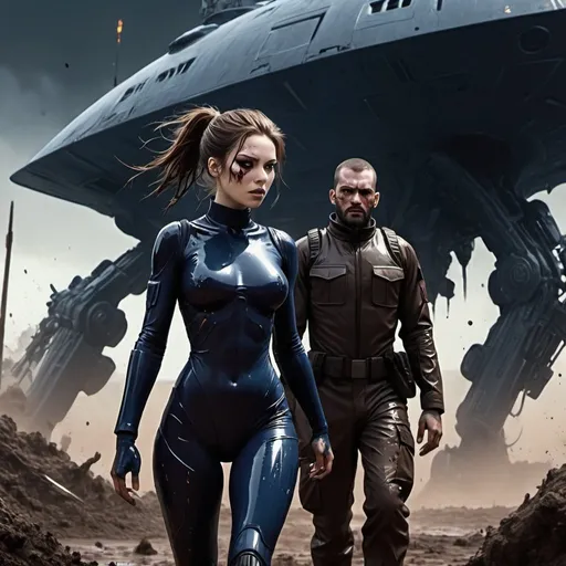 Prompt: Science fiction-style image of one white-skinned WOMAN, long dark detailed brown down hair, in a black one-piece futuristic army uniform, with chest armour, long sleeves and legs, splattered with mud and blood, in combat with one much taller buffed, huge white-skinned MAN, brown detailed hair in man-bun, navy-blue one-piece futuristic uniform, outdoors, on a field, dark night, mud everywhere. high quality, sci-fi, detailed hair,  fierce face expression. Silhouettes of civilians in long shirts running in panic in the background and a giant alien flying ship, scary, sci fi, scary ambient