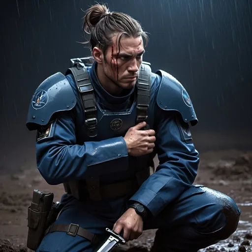 Prompt: Science fiction-style image of a hurt man with knife in his shoulder. night, raining, he sits in mud. He is huge, buffed, brown hair in man bun, wide jaw with stubble, unnaturally big dark-blue eyes, adorned in a sleek navy-blue combat uniform, futuristic science fiction soldier, detailed weaponry. He is in pain, a knife in his shoulder. He is wearing a high-tech armor, atmospheric lighting, high quality, fantasy, sci-fi, detailed hair, futuristic, combat uniform, determined expression, professional, atmospheric lighting A filthy woman is kneeling behing him, trying to stop bleeding
Model: OpenArt SDXL