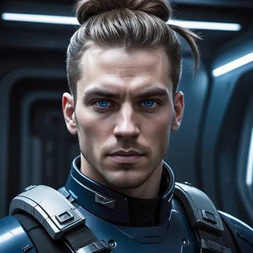 Prompt: Science fiction-style image of a white-skinned man, huge, buffed, brown hair in man bun, wide jaw with stubble, unnaturally big dark-blue eyes, adorned in a sleek navy-blue combat uniform, futuristic science fiction soldier, detailed weaponry, intense and determined gaze, high-tech armor, atmospheric lighting, high quality, fantasy, sci-fi, detailed hair, futuristic, combat uniform, determined expression, professional, atmospheric lighting