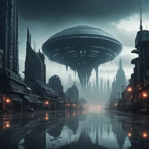 Prompt: Gloomy futuristic alien city, alien planet, rain, eerie atmosphere, no vegetation, unsettling reflections, foggy, science fiction, steam punk,  colossal buildings, flying alien ships, 
