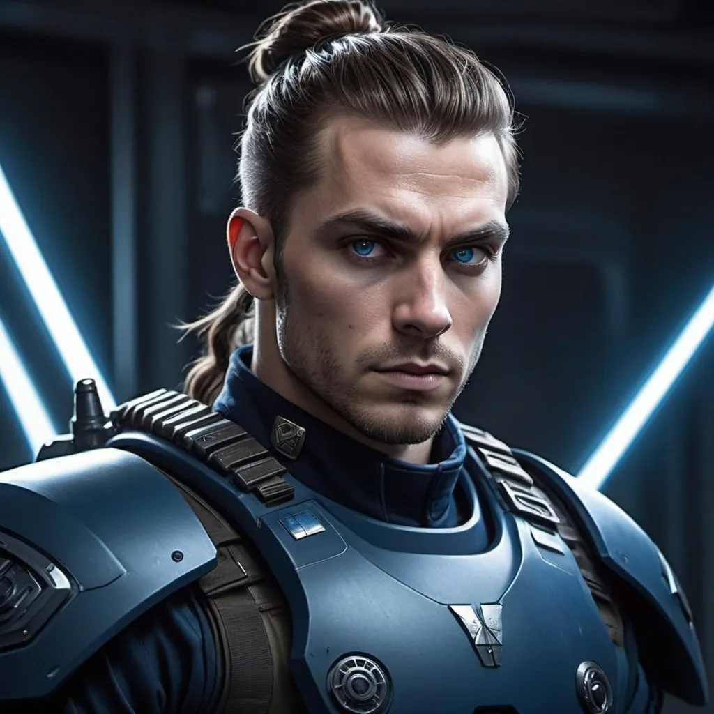 Prompt: Science fiction-style image of a white-skinned man, huge, buffed, brown hair in man bun, wide jaw with stubble, unnaturally big dark-blue eyes, adorned in a sleek navy-blue combat uniform, holding a  whip, futuristic science fiction soldier, detailed weaponry, intense and determined gaze, high-tech armor, atmospheric lighting, high quality, fantasy, sci-fi, detailed hair, futuristic, combat uniform, determined expression, professional, atmospheric lighting