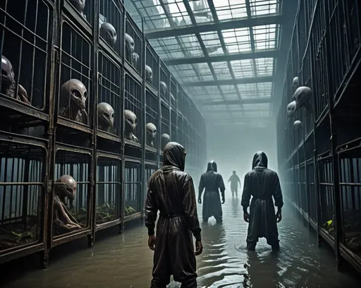 Prompt: Human slaves wearing only long filthy shirts, locked down in huge cages, many cages, alien planet, cages standing in water, rain, eerie atmosphere, scares rotting grass, unsettling reflections, foggy, science fiction, steam punk,  colossal buildings, flying alien ships, 