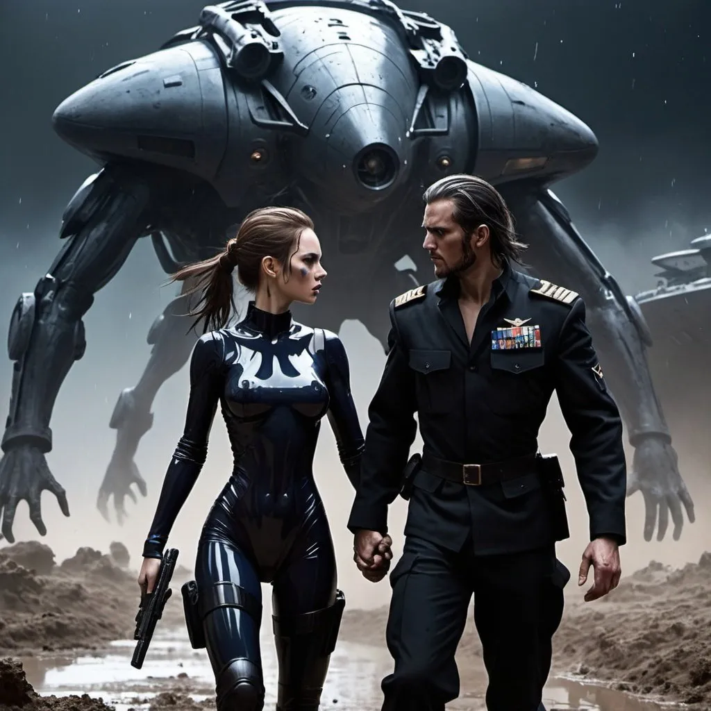 Prompt: Science fiction-style image of one white-skinned WOMAN, long dark detailed brown down hair, in a black one-piece futuristic army uniform, with chest armour, long sleeves and legs, splattered with mud and blood, having a hand-to-hand fight with one much taller buffed, huge white-skinned MAN, brown detailed hair in man-bun, navy-blue one-piece futuristic uniform, outdoors, on a field, dark night, mud everywhere. high quality, sci-fi, detailed hair,  fierce face expression. Silhouettes of civilians in long shirts running in panic in the background and a giant alien flying ship, scary, sci fi, scary ambient