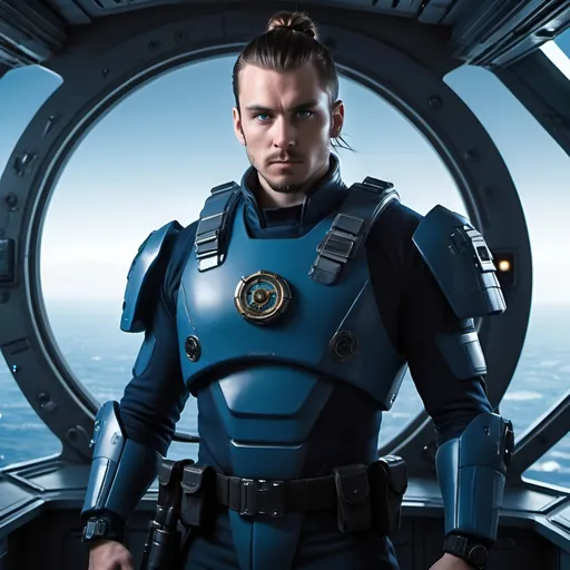 Prompt: Science fiction-style image of a white-skinned man, huge, buffed, brown hair in man bun, wide jaw with stubble, unnaturally big dark-blue eyes, adorned in a sleek navy-blue combat uniform, futuristic science fiction soldier, detailed weaponry. Standing onboard of a huge flying hi-tech ship in dark cosmos, space,  in front of a huge  ship window, looking down through the window  at  planet Earth. He watches other ships invading Earth. He is wearing a high-tech armor, atmospheric lighting, high quality, fantasy, sci-fi, detailed hair, futuristic, combat uniform, determined expression, professional, atmospheric lighting
Model: OpenArt SDXL