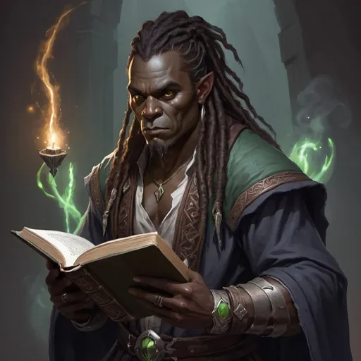 Prompt: Dark skinned half orc wizard holding a book magic surrounding him dredlocks 