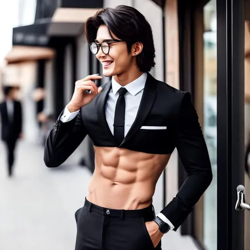 Prompt: an attractive long-haired 20-years old man with rock hard abs and eyeglasses is wearing a crop top black suit and tie with a bare navel and an exposed belly button, he is laughing, sideview, full body, he is near a cafe, he has brown eyes, his hair is flowing 