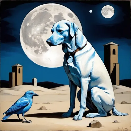 Prompt: Sad bird 
blue bird
Dog white
Dessert
Full moon
Picasso 