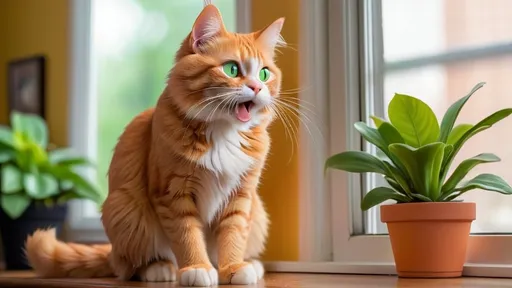 Prompt: Whiskers, the cat, fluffy orange tabby with bright green eyes, sitting on a windowsill, staring curiously at a shiny object outside the window. The background is a bright and colorful living room with potted plants and a wooden floor. Whiskers’ posture shows curiosity, with his paw raised slightly as if he’s about to pounce. 1024x1024, vibrant and cartoonish style.