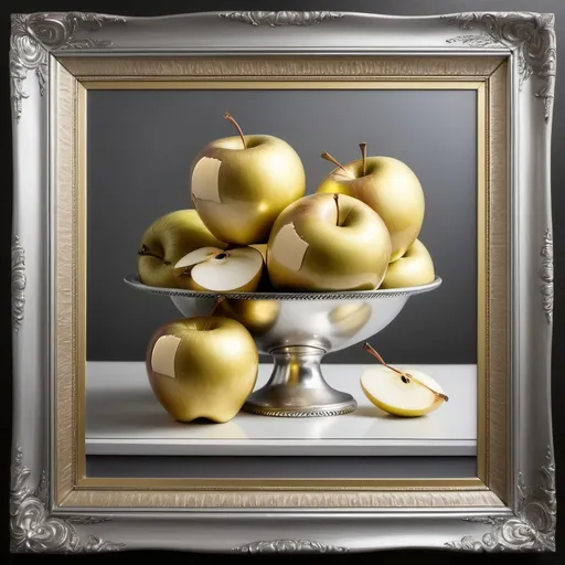 Prompt: silver picture with gold apples