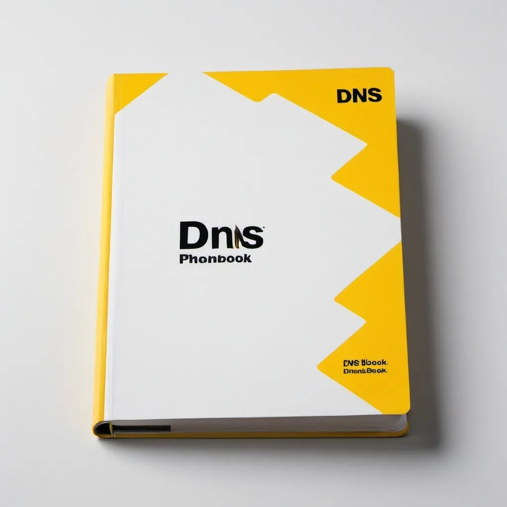 Prompt: A photo of a typical phonebook cover, likely with a plain color background (often yellow or white). The word "DNS" would be prominently displayed on the cover, possibly in large block letters. This could represent a metaphorical "phonebook" for Domain Name System entries.