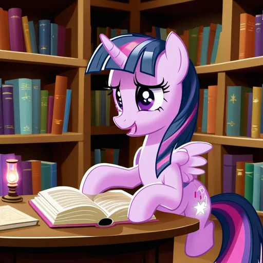 Prompt: Twilight Sparkle studying a magical spell book, her library filled with books in Ponyville.