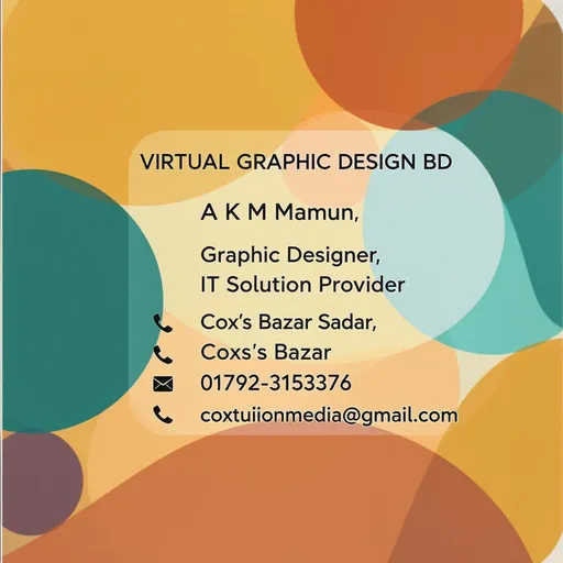 Prompt: A square business card featuring a modern, geometric design.  The background is primarily shades of mustard yellow, teal, and a burnt orange.  Geometric shapes, including circles and triangles, are used to create visual interest. The text, in a bold sans-serif font, includes the business name "VIRTUAL GRAPHIC DESIGN BD," the name "A K M Mamun" the profession, "Graphic Designer, IT Solution Provider" location "Cox's Bazar Sadar, Cox’s Bazar" phone number "01792-315376," and email address "coxtuitionmedia@gmail.com". The text is arranged in a clear, well-organized manner within the card's layout. The card has rounded corners. The overall style is clean, professional, and modern. The colors are vibrant, yet not overly flashy, creating a visually appealing and memorable design.
