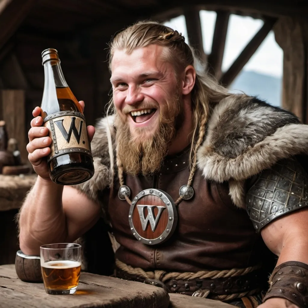 Prompt: Viking smiling drinking one bottle with the letter W in the bottle, in the Valhalla