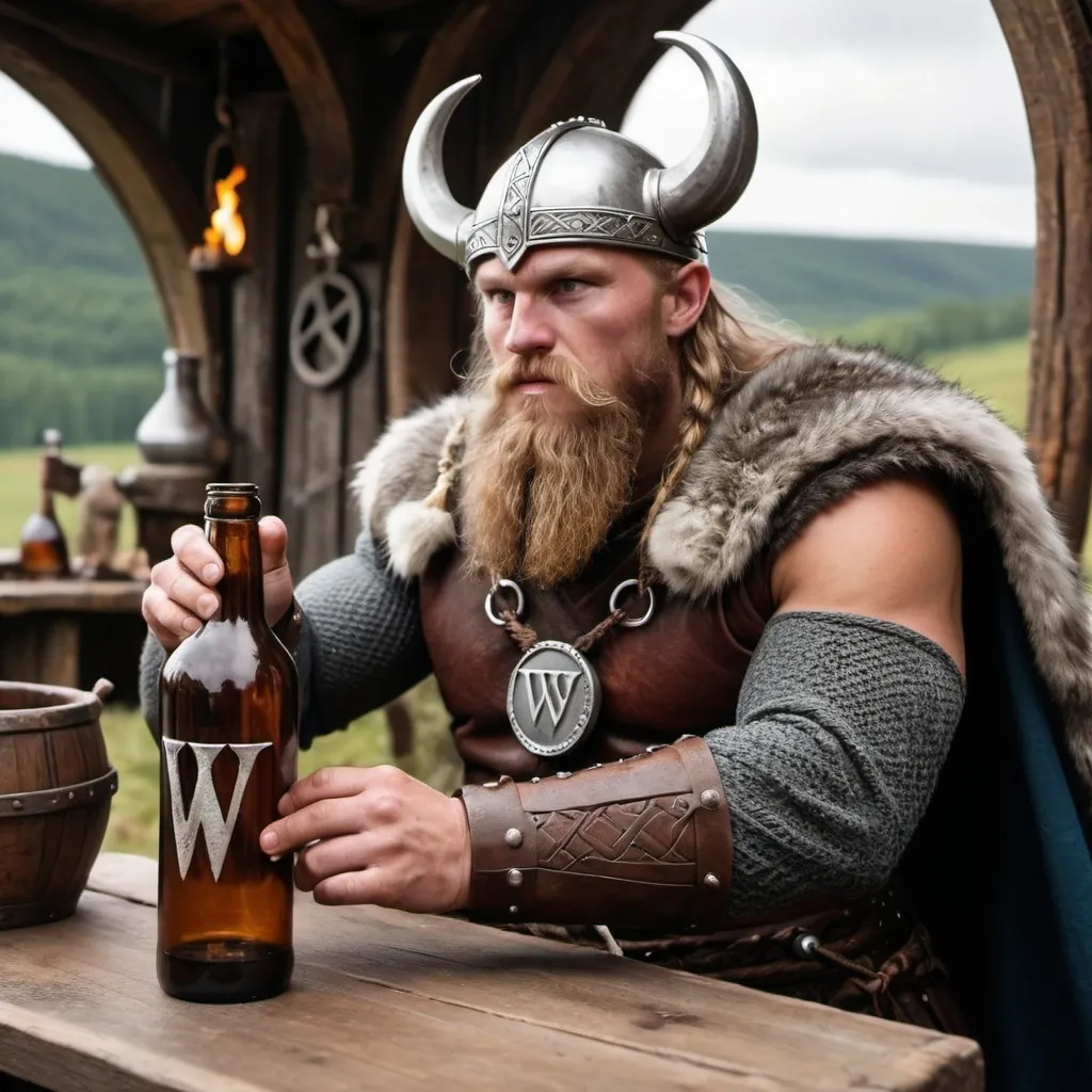 Prompt: Viking drinking one bottle with the letter W in the bottle, in the Valhalla