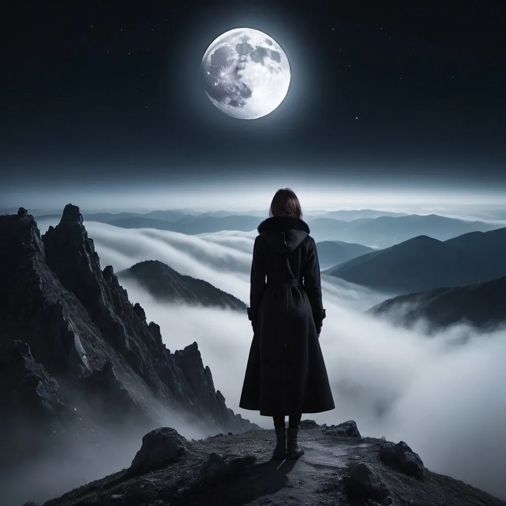 Prompt: Woman in black coat on top of mountain at night  looking down on hillsides covered in mist moon is very big
