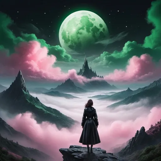 Prompt: Woman in black coat on top of mountain at night  looking down on hillsides covered in mist moon is very big covered with green and pink clouds, silver round space ship in distance