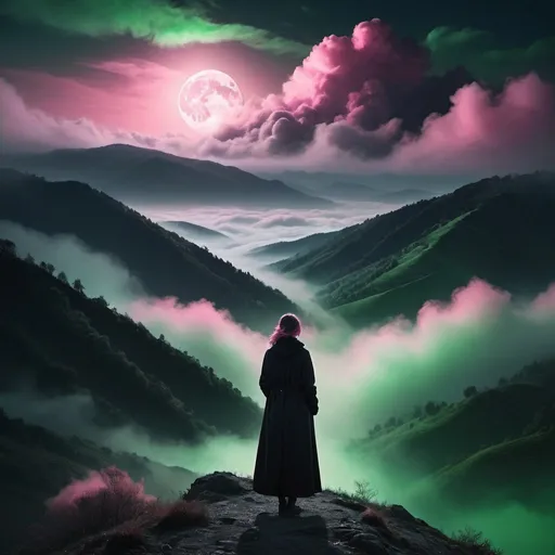 Prompt: Woman in black coat on top of mountain at night  looking down on hillsides covered in mist moon is very big covered with green and pink clouds