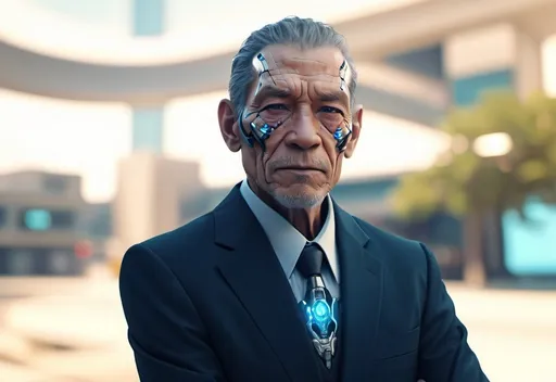 Prompt: (Cyborg resurrection concept), an old man with a serene expression, metallic enhancements integrated into his body, glowing blue accents on his cybernetic parts, vivid details in facial features that reflect wisdom and age, a backdrop of a futuristic cityscape, cool tone lighting combined with vibrant hues, dramatic atmosphere of hope and innovation, 4K, ultra-detailed.
