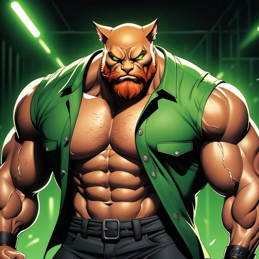 Prompt: Cataclysm from BMFM 2006, Detailed digital illustration of a muscular anthropomorphic cat, bald with a red beard and cat ears, detailed green eyes and black eyebrows, clenching a green unbuttoned sleeveless jacket, muscular chest and gut, black pants, with a sad expression and tears streaming down the face, cataclysm, emotional, digital illustration, detailed eyes, muscular physique, tears on face, teary eyes, highres, emotional art, dramatic lighting