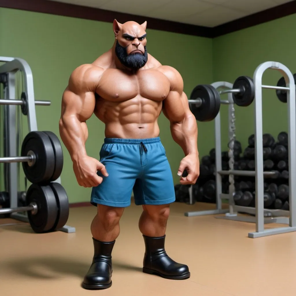 Prompt: Cataclysm from BMFM 2006, cartoon, Brown tall muscular anthromorphic cat, red beard, thick black eyebrows black snout, black nose, black nostrils, blue nylon gym shorts, brown skin, bald, no hair, brown boots, detailed green eyes with black pupils, human legs, gym setting, realistic 