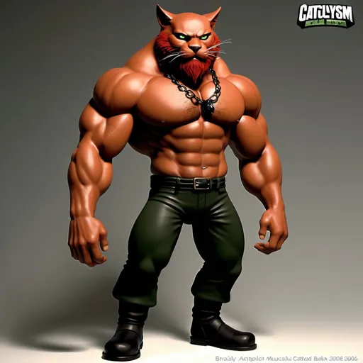 Prompt: Cataclysm from BMFM 2006, cartoon, Brown tall muscular anthromorph cat, red cheek fur with red beard black eyebrows black snout, black nose, black nostrils, 
4-pack abs, muscle gut, black pants, dark brown skin, muscular chest, bald, no hair, brown boots, green eyes with black pupils, human legs, full body