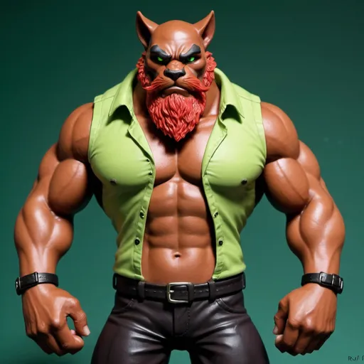 Prompt: Cataclysm from BMFM 2006, cartoon, Brown tall muscular anthromorph cat, red cheek fur with red beard black eyebrows black snout, black nose, black nostrils, 
dark green sleeveless unbuttoned shirt, open shirt
4-pack abs, muscle gut, black pants, dark brown skin, muscular chest, bald, no hair, brown boots, green eyes with black pupils, human legs, 