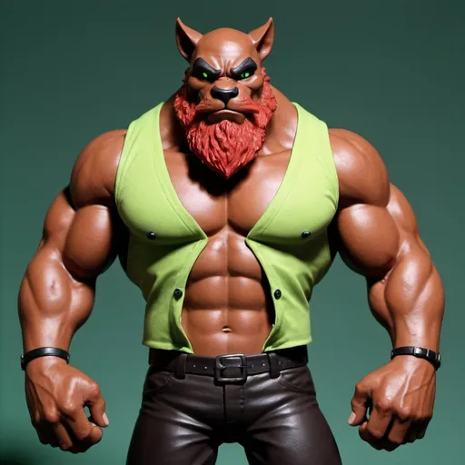 Prompt: Cataclysm from BMFM 2006, cartoon, Brown tall muscular anthromorph cat, red cheek fur with red beard black eyebrows black snout, black nose, black nostrils, 
dark green sleeveless unbuttoned shirt, open shirt
4-pack abs, muscle gut, black pants, dark brown skin, muscular chest, bald, no hair, brown boots, green eyes with black pupils, human legs, 