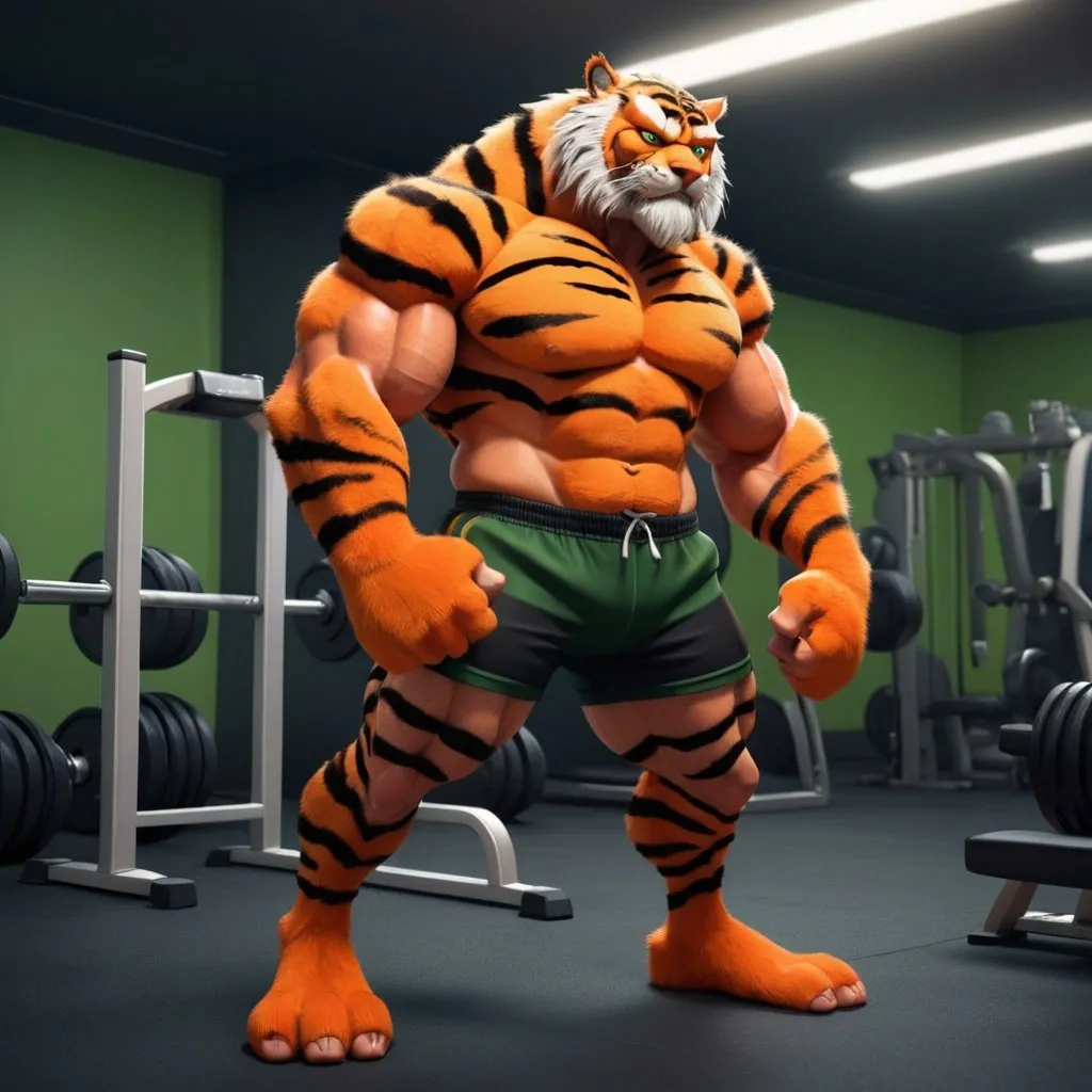 Prompt: Cartoonish 2D render of a medium muscular 
slighly older male anthropomorphic orange tiger in a gym setting, detailed black tiger stripes, black face fur, muscle gut, detailed green pupils, high quality, cartoon, 2D render, gym, detailed fur, black beard, full body fur, red gym shorts, stripes on body, intense expression, chest fly, white chest fur, winking